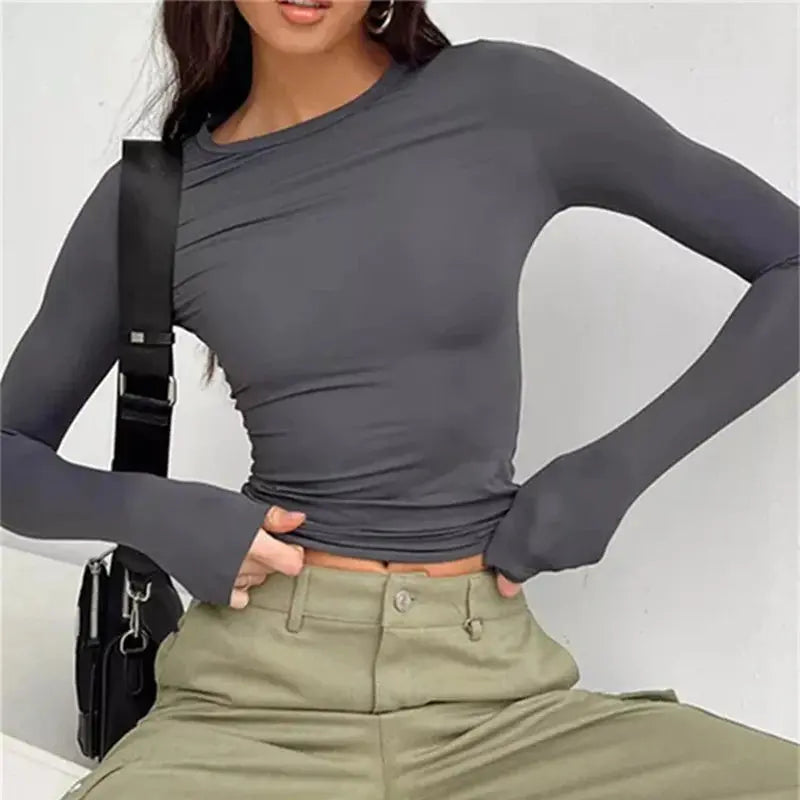 Women Long Sleeve T Shirt Spring Autumn Solid Slim Fit Casual Shirts Female Pullovers Basic Tee Y2k Clothes Streetwear Crop Tops-Style Heaven