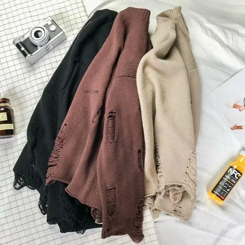 Men Women Streetwear Hip Hop Pullovers Jumper Fashion Oversized All-match Men Spring Wash Hole Ripped Knit Sweaters-Style Heaven