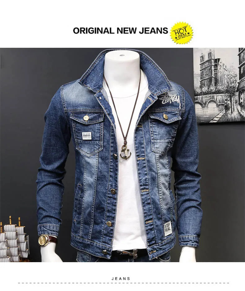 Fashion 2024 Denim jacket mens letter jacket slim embroidery spring and autumn youth stand-up collar long-sleeved denim coat