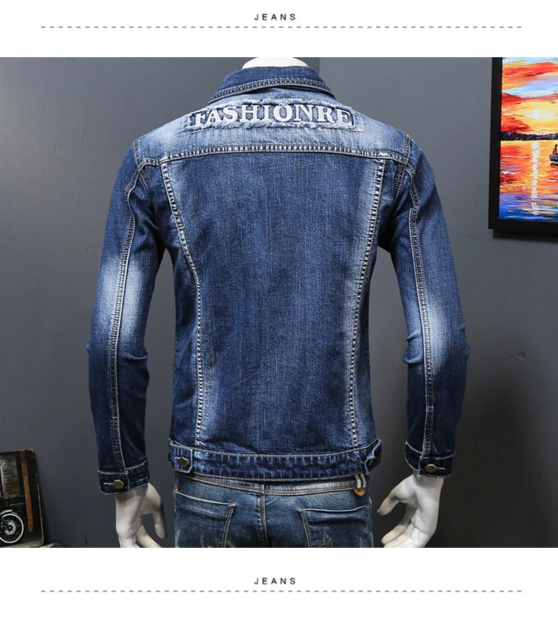 Fashion 2024 Denim jacket mens letter jacket slim embroidery spring and autumn youth stand-up collar long-sleeved denim coat