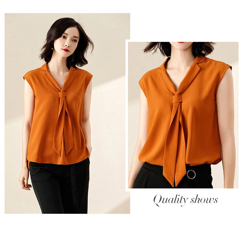 Summer Fashion Women Blouse Sleeveless V Neck Chiffon Shirt elegant office Ladies White shirt Plus Size Female Clothes-Style Heaven