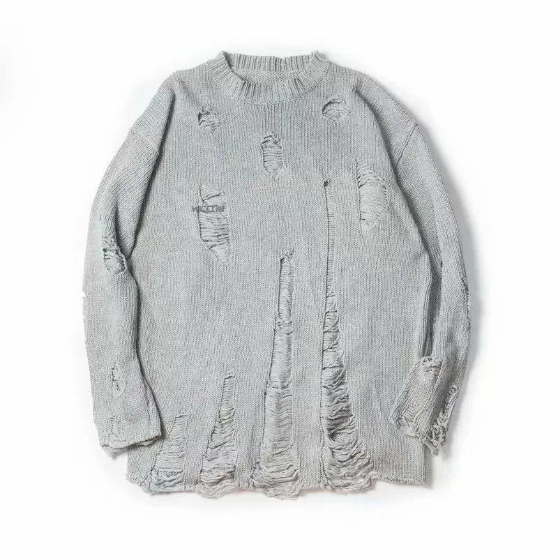 Men Women Streetwear Hip Hop Pullovers Jumper Fashion Oversized All-match Men Spring Wash Hole Ripped Knit Sweaters-Style Heaven