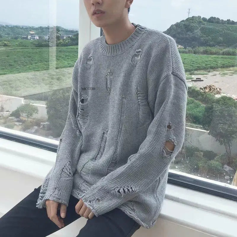 Men Women Streetwear Hip Hop Pullovers Jumper Fashion Oversized All-match Men Spring Wash Hole Ripped Knit Sweaters-Style Heaven