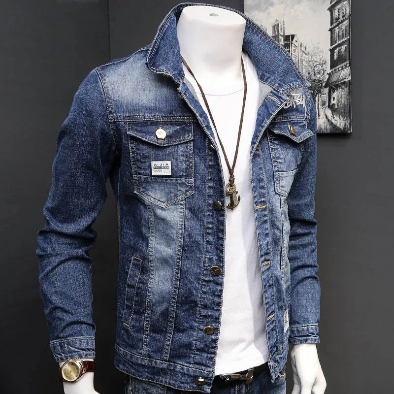 Fashion 2024 Denim jacket mens letter jacket slim embroidery spring and autumn youth stand-up collar long-sleeved denim coat