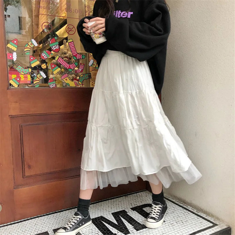 Long Tulle Midi Skirts Womens 2024 Autumn Elastic High Waist Mesh Tutu Pleated Skirts Female Black White Long Skirt Streetwear