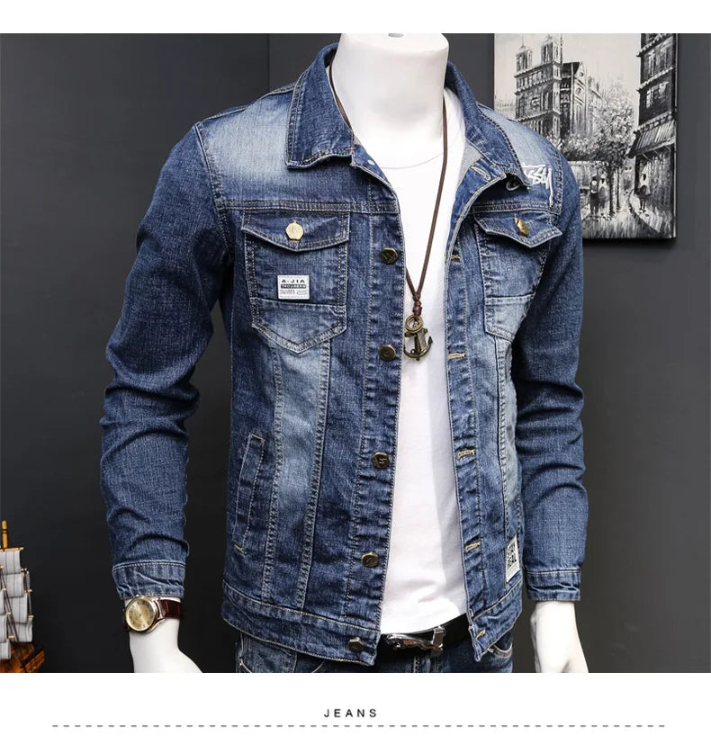 Fashion 2024 Denim jacket mens letter jacket slim embroidery spring and autumn youth stand-up collar long-sleeved denim coat