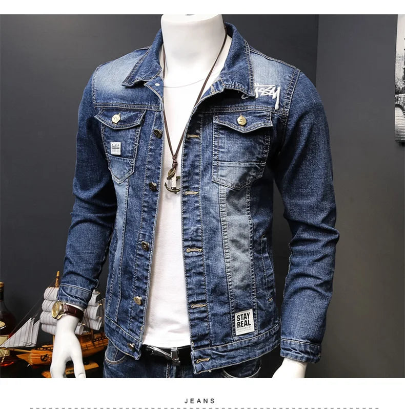 Fashion 2024 Denim jacket mens letter jacket slim embroidery spring and autumn youth stand-up collar long-sleeved denim coat