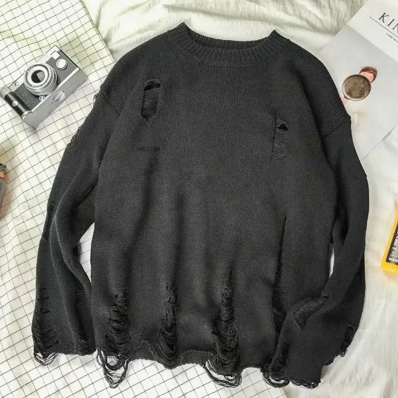 Men Women Streetwear Hip Hop Pullovers Jumper Fashion Oversized All-match Men Spring Wash Hole Ripped Knit Sweaters-Style Heaven