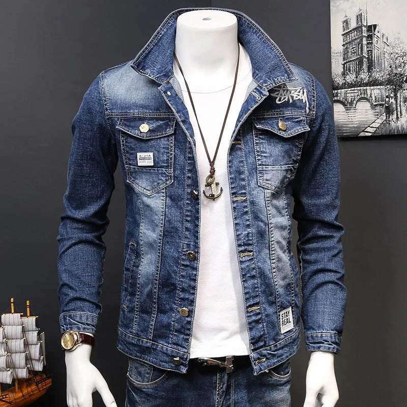 Fashion 2024 Denim jacket mens letter jacket slim embroidery spring and autumn youth stand-up collar long-sleeved denim coat