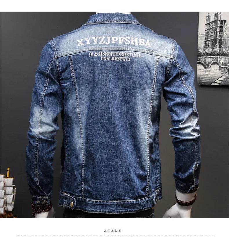 Fashion 2024 Denim jacket mens letter jacket slim embroidery spring and autumn youth stand-up collar long-sleeved denim coat