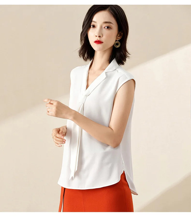 Summer Fashion Women Blouse Sleeveless V Neck Chiffon Shirt elegant office Ladies White shirt Plus Size Female Clothes-Style Heaven