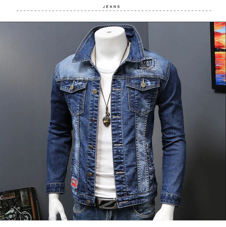 Fashion 2024 Denim jacket mens letter jacket slim embroidery spring and autumn youth stand-up collar long-sleeved denim coat