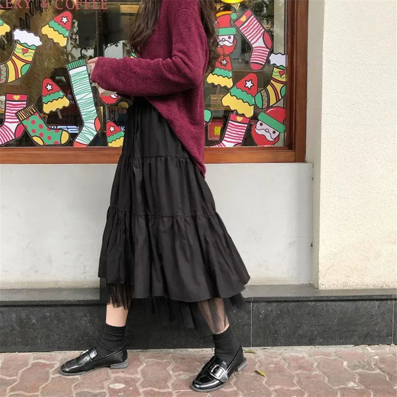 Long Tulle Midi Skirts Womens 2024 Autumn Elastic High Waist Mesh Tutu Pleated Skirts Female Black White Long Skirt Streetwear