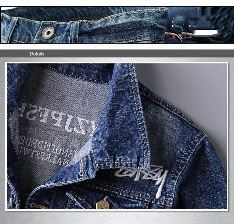 Fashion 2024 Denim jacket mens letter jacket slim embroidery spring and autumn youth stand-up collar long-sleeved denim coat