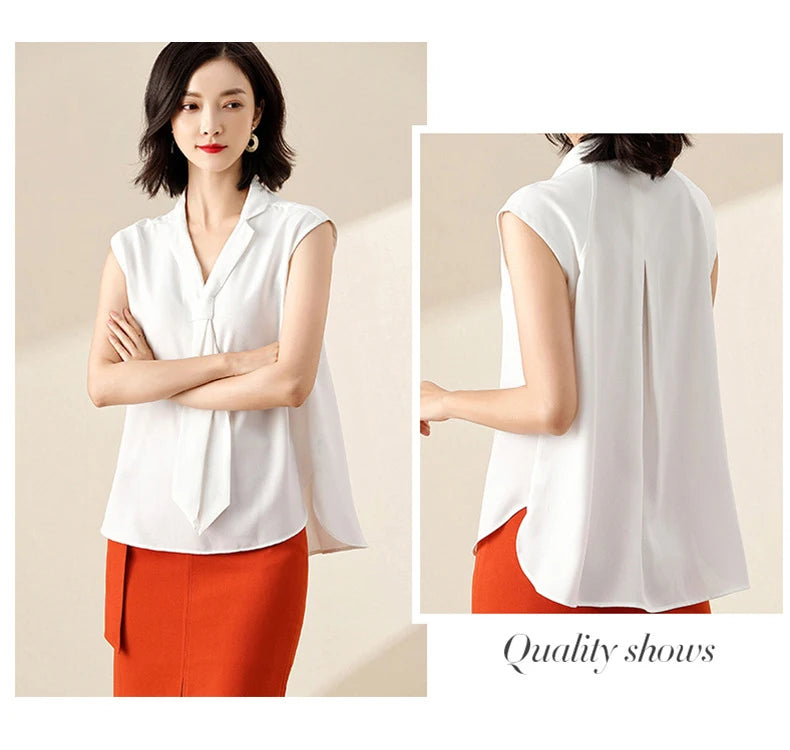 Summer Fashion Women Blouse Sleeveless V Neck Chiffon Shirt elegant office Ladies White shirt Plus Size Female Clothes-Style Heaven