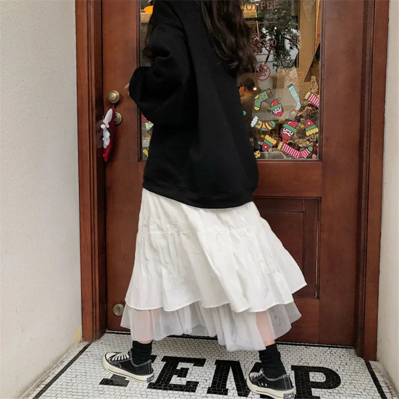 Long Tulle Midi Skirts Womens 2024 Autumn Elastic High Waist Mesh Tutu Pleated Skirts Female Black White Long Skirt Streetwear