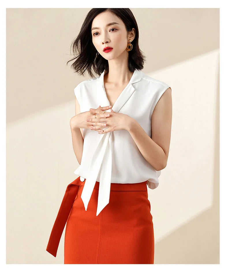 Summer Fashion Women Blouse Sleeveless V Neck Chiffon Shirt elegant office Ladies White shirt Plus Size Female Clothes-Style Heaven