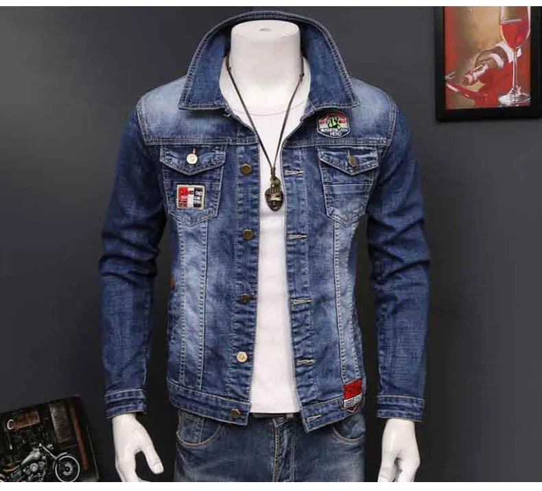 Fashion 2024 Denim jacket mens letter jacket slim embroidery spring and autumn youth stand-up collar long-sleeved denim coat