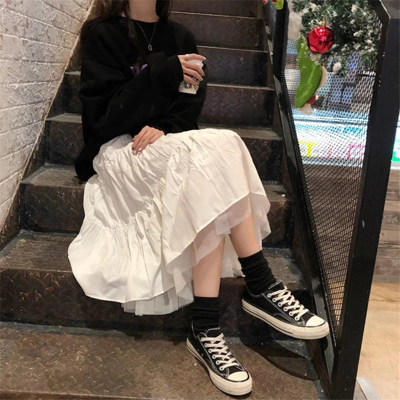 Long Tulle Midi Skirts Womens 2024 Autumn Elastic High Waist Mesh Tutu Pleated Skirts Female Black White Long Skirt Streetwear