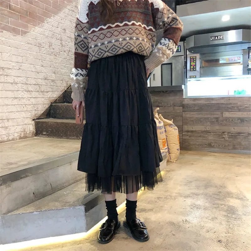 Long Tulle Midi Skirts Womens 2024 Autumn Elastic High Waist Mesh Tutu Pleated Skirts Female Black White Long Skirt Streetwear