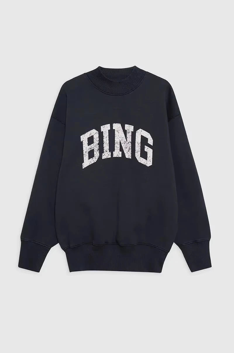 New Arrival Women's Loose Hoodie with Classic BING Printed Letters, Warm Fleece Lining and High Neck for Winter-Style Heaven