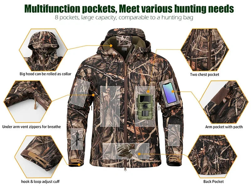 Men's Silent Camouflage Hunting Jacket Waterproof Fleece Tactical Jackets Soft Shell Outdoor Hiking Fishing Hooded Coat-Style Heaven