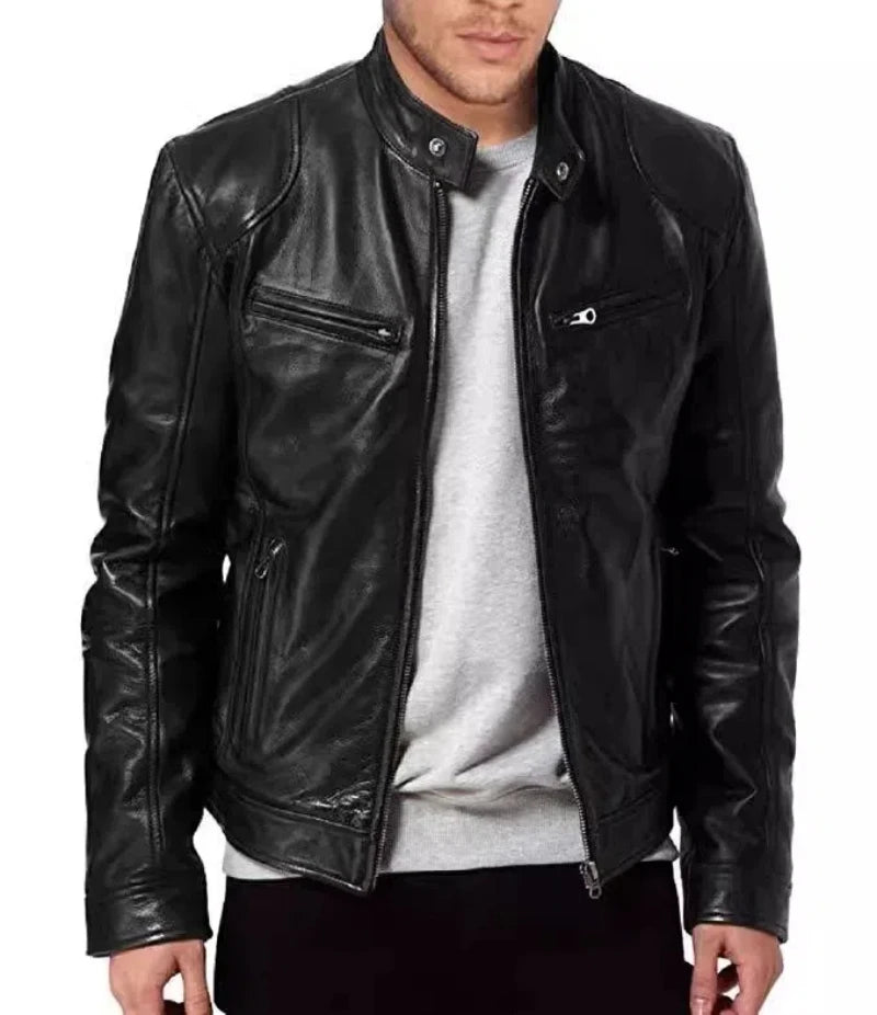 Fall and Winter Men's Leather Jacket Men's Stand-up Collar Jacket Zipper Biker Leather Jacket Casual Slim Leather Jacket-Style Heaven