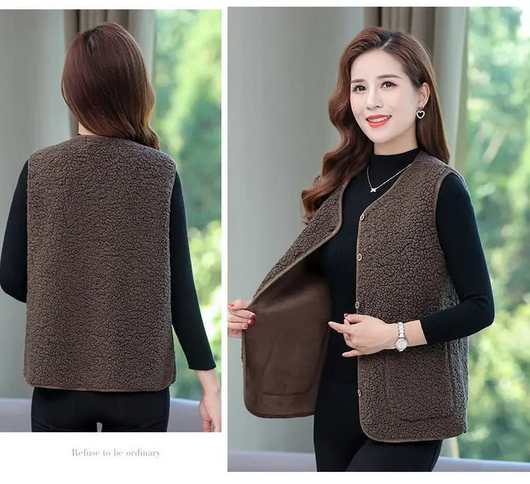 Women Autumn and Winter Fashion New Granular Fleece Coat Solid Color Button Pockets Splicing Warmth Versatile Sleeveless Vest