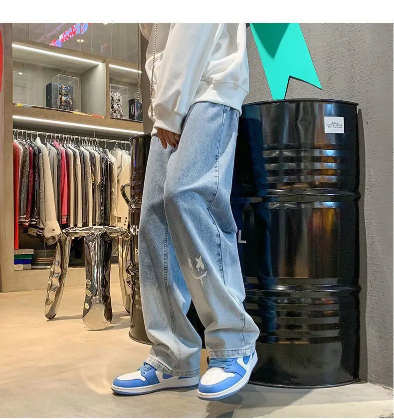 Male New Straight Vintage Gradient Washed Denim Pants Baggy Light Blue Black Casual Jeans  Printed  Fashion Hip Hop Streetwear-Style Heaven