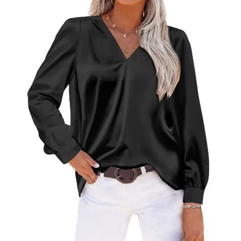 Elegant Women's Satin Imitation Silk Long Sleeve Shirt Autumn/Winter Solid Office Lady Lapel Button Blouse Women Clothing S-XXL-Style Heaven