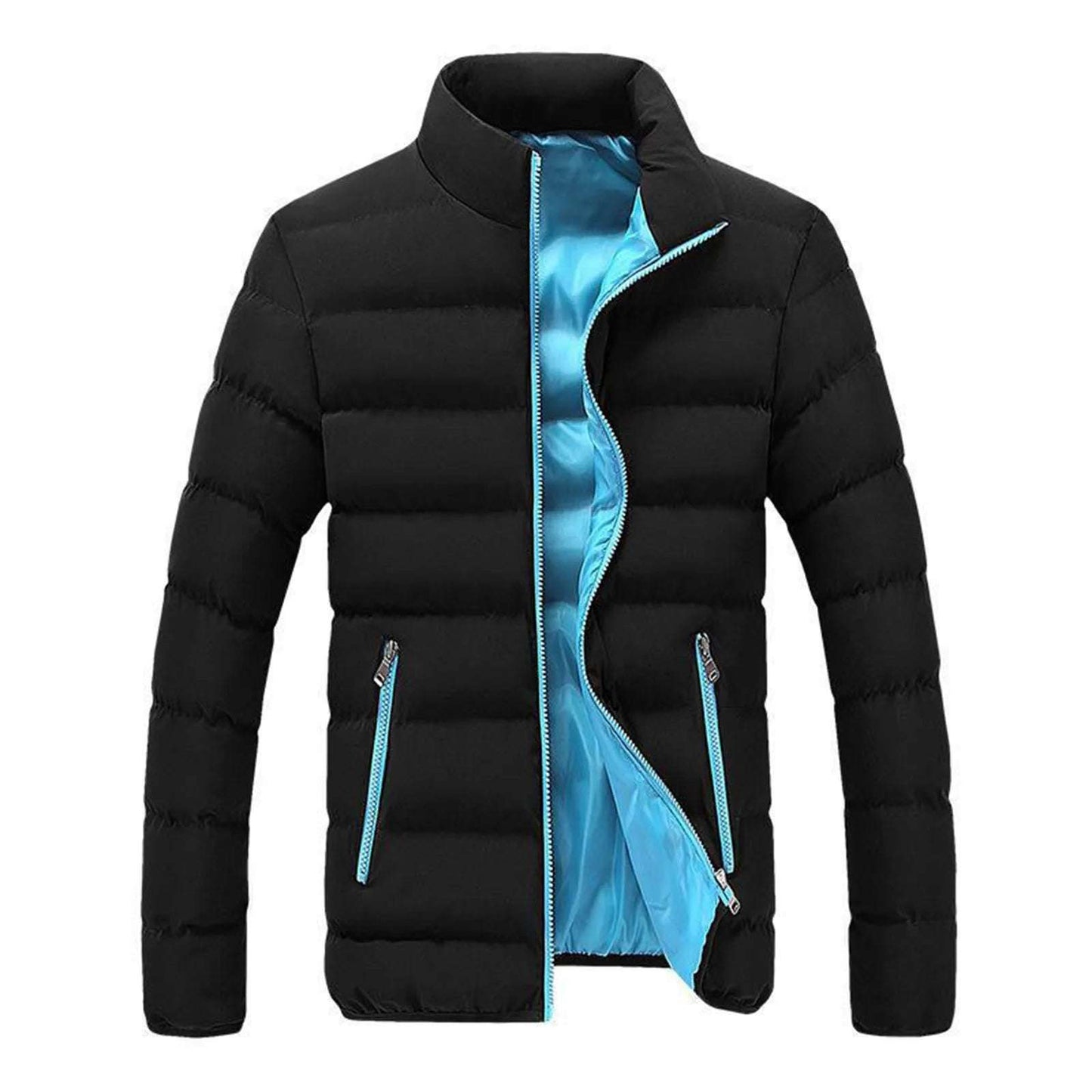 Men's Black Warm Lightweight Down Jackets Winter Zipper Stand Collar Slim Fit Cotton-Padded Clothes Sport Casual Outwears Coats-Style Heaven