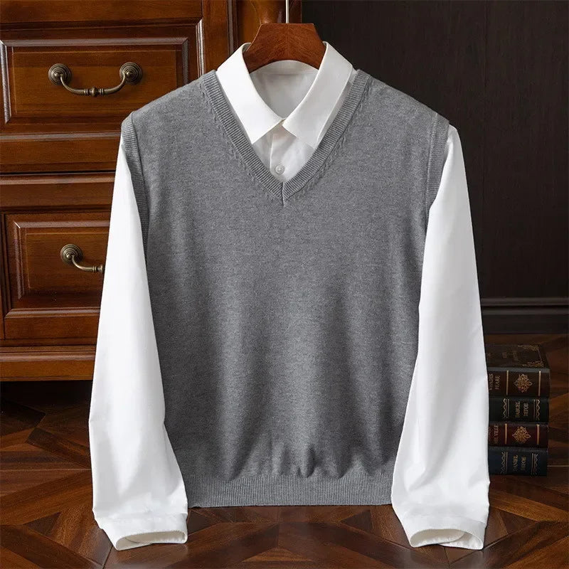 Cashmere Knitted Sweater Vest Men's Clothing V-neck Solid Color Pullover Camisole Bottom Spring Autumn Tops-Style Heaven