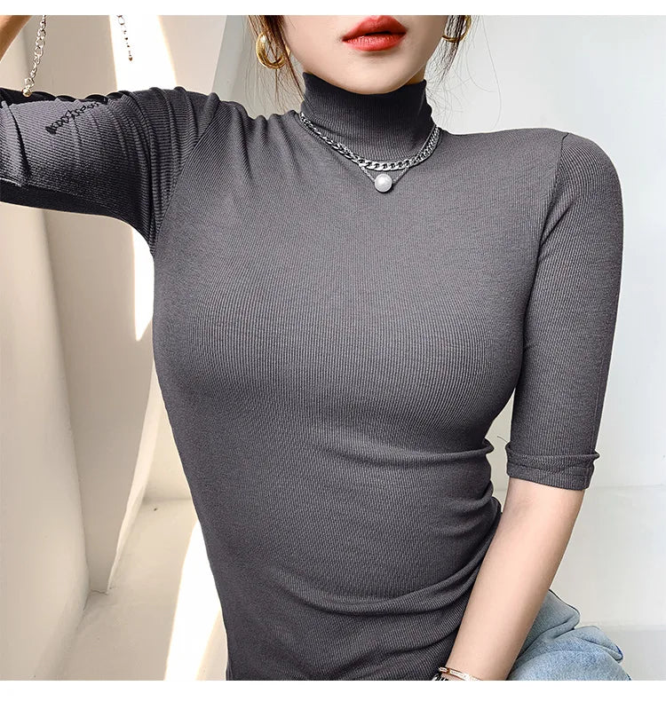 Basic Cotton T Shirt Women Turtleneck Slim Tshirt Short Sleeve T-shirts Female Casual Elasticity White Tee Shirt Femme Woman Top