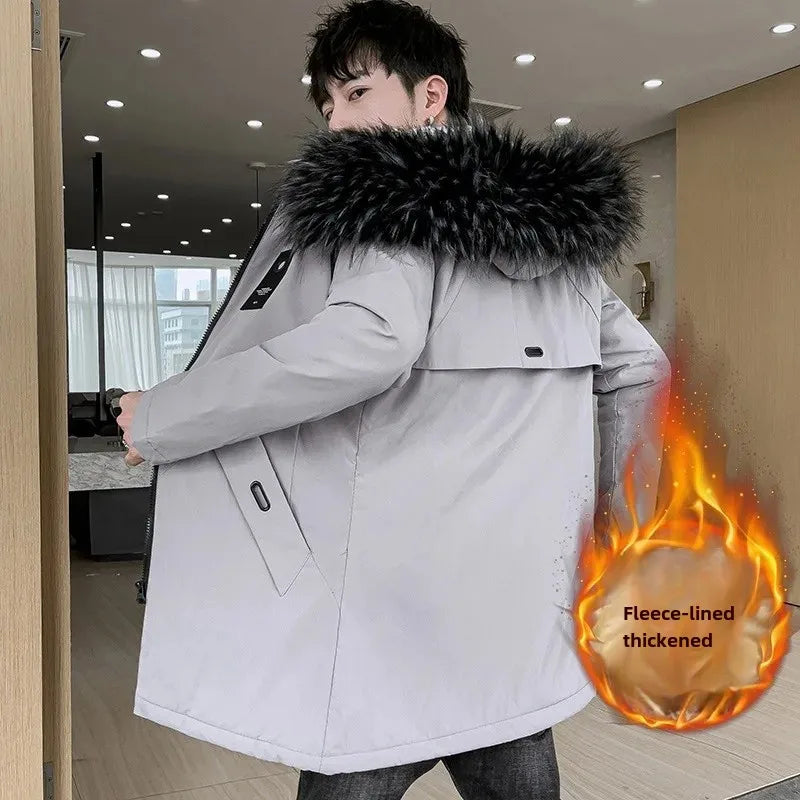 New Men's Medium-Length Thickened Cotton Jacket With Hoodie Warm Anti-Cold Loose Fit From China Mainland For All Seasons-Style Heaven