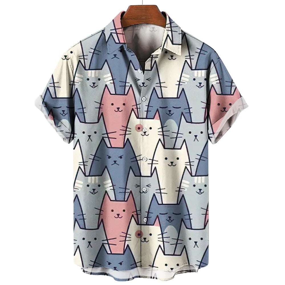 Summer Fashion Cartoon Animal Cat Print Men's Printed Short Sleeve Shirt Street Daily Casual Men Shirt Oversized Tops SIZE S-5XL - Clothing Tops in ##color## by Style Heaven | High-Quality & Trendy Fashion