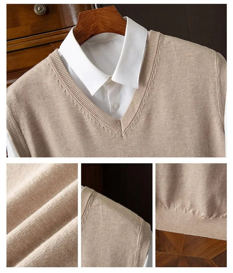 Cashmere Knitted Sweater Vest Men's Clothing V-neck Solid Color Pullover Camisole Bottom Spring Autumn Tops-Style Heaven