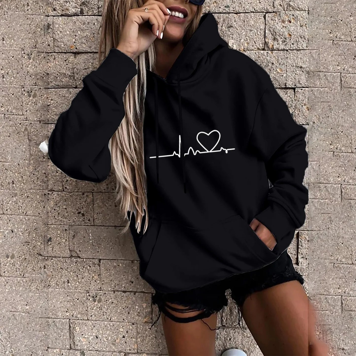 Heartbeat Sketch Printed Women's Hoodie Long Sleeve Casual Daily Wear 2025 Women Hoodies Fall Winter sudaderas de mujer-Style Heaven