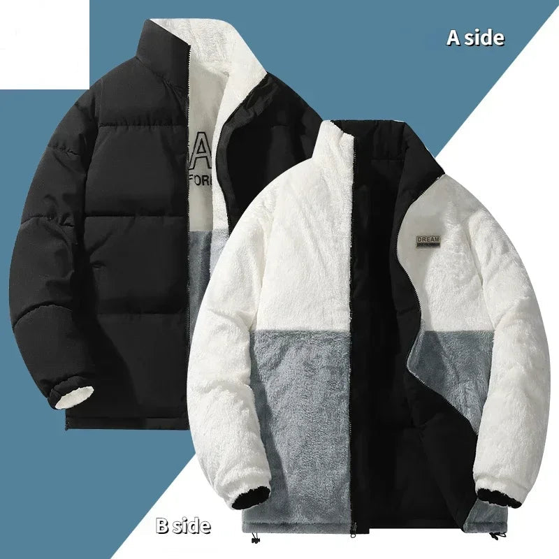 Winter Two-Sided Jacket Men's Harajuku Casual Thick Fleece Warm Parkas Women Trendy Stand-up Collar Windproof Cotton Padded Coat-Style Heaven