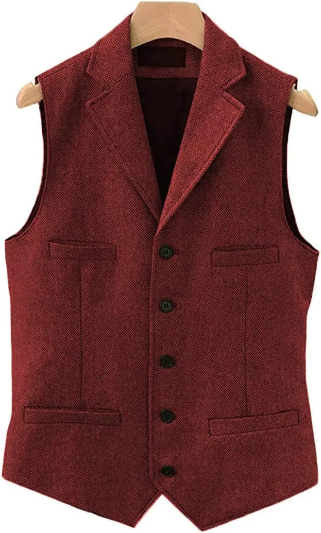 Tweed Herringbone Mens Suit Vest Slim Fit Notch Lapel With 4 Pockets Groomsmen Wedding Waistcoat For Wedding-Style Heaven