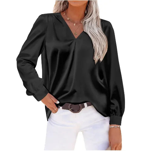 Elegant Women's Satin Imitation Silk Long Sleeve Shirt Autumn/Winter Solid Office Lady Lapel Button Blouse Women Clothing S-XXL-Style Heaven