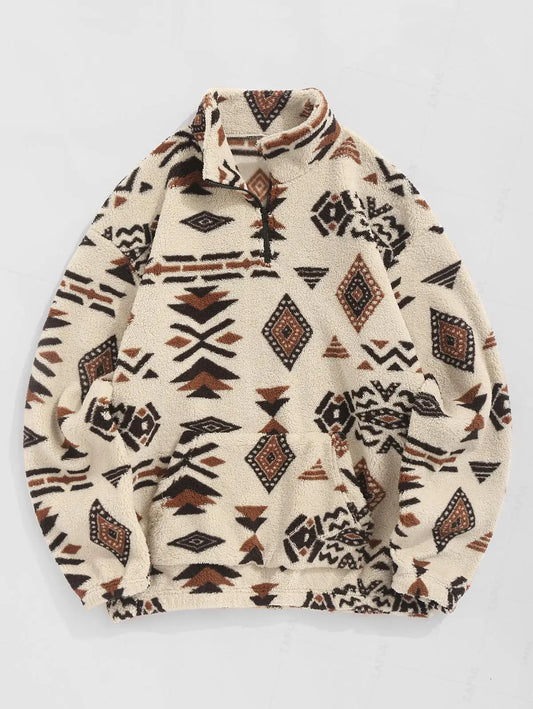 Faux Sherpa Tribal Ethnic Print Quarter Zip Teddy Sweatshirt-Style Heaven