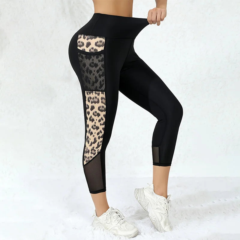 Marble Print Butt Lifting Sports Capri Leggings With Pockets, High Waisted Yoga Tight Capri Pants, Women's Activewear