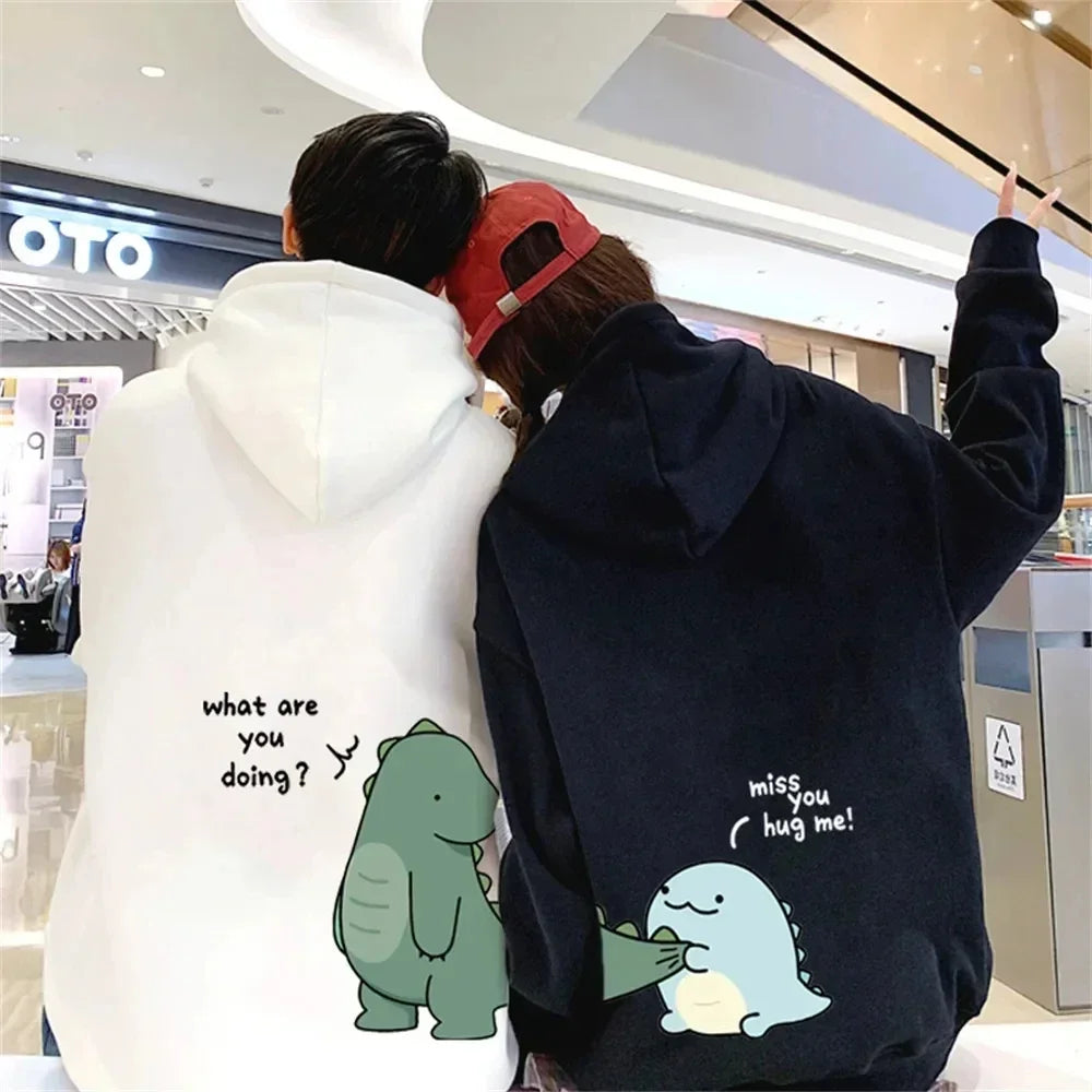 Spring and Autumn Couples Hooded Hoodie Fun Dinosaur Print Hooded Long Sleeved Sweatshirt Unisex Top Y2K Clothes-Style Heaven