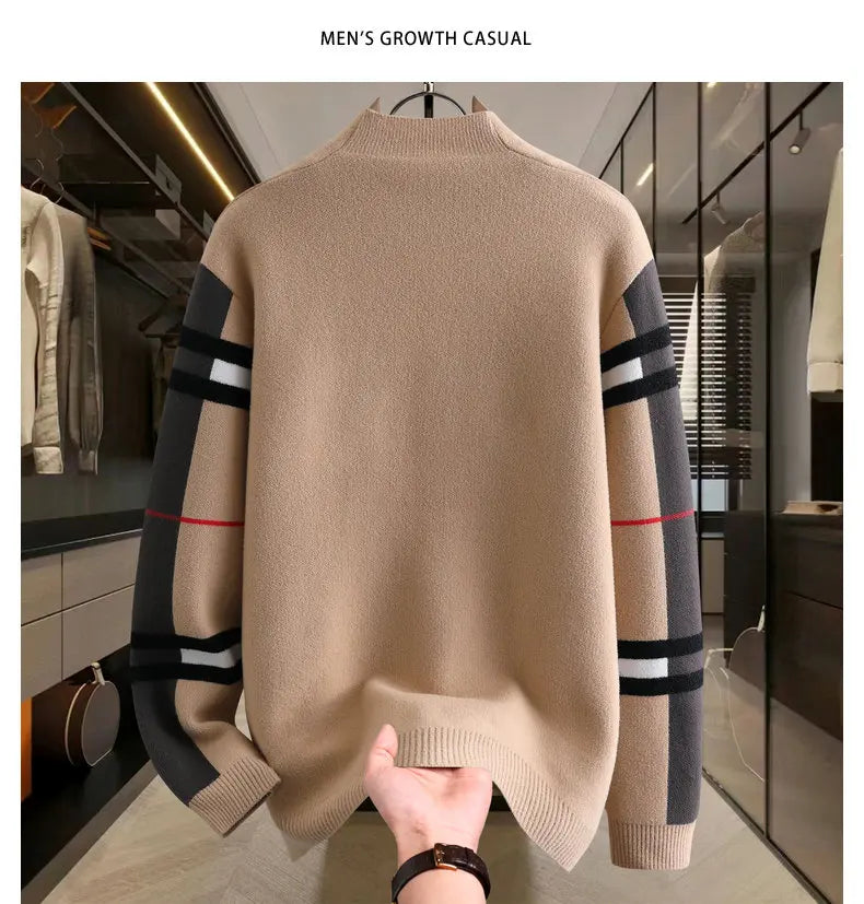 Autumn Winter Men's Sweaters Luxury Color Blocked Striped Jacquard Knit Cardigan Warm Keep Warm Thickened Knitted Coat Tops-Style Heaven