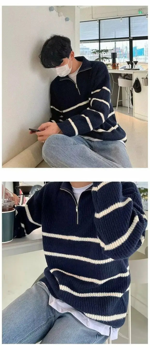 Korean Sle Men's Knitted Sweater mid High Collar Slim Fit Long Sleeve Striped Hoodie Casual Fashion Spring Autumn Season-Style Heaven