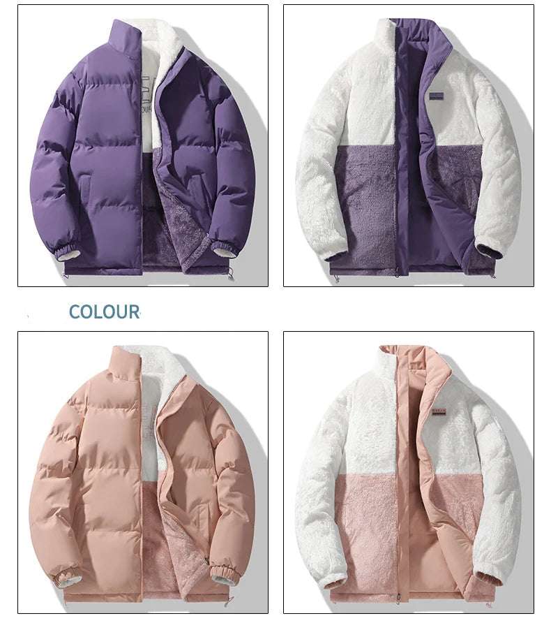 Outerwear - Winter Two-Sided Jacket Men's Harajuku Casual Thick Fleece Warm Parkas Women Trendy Stand-up Collar Windproof Cotton Padded Coat