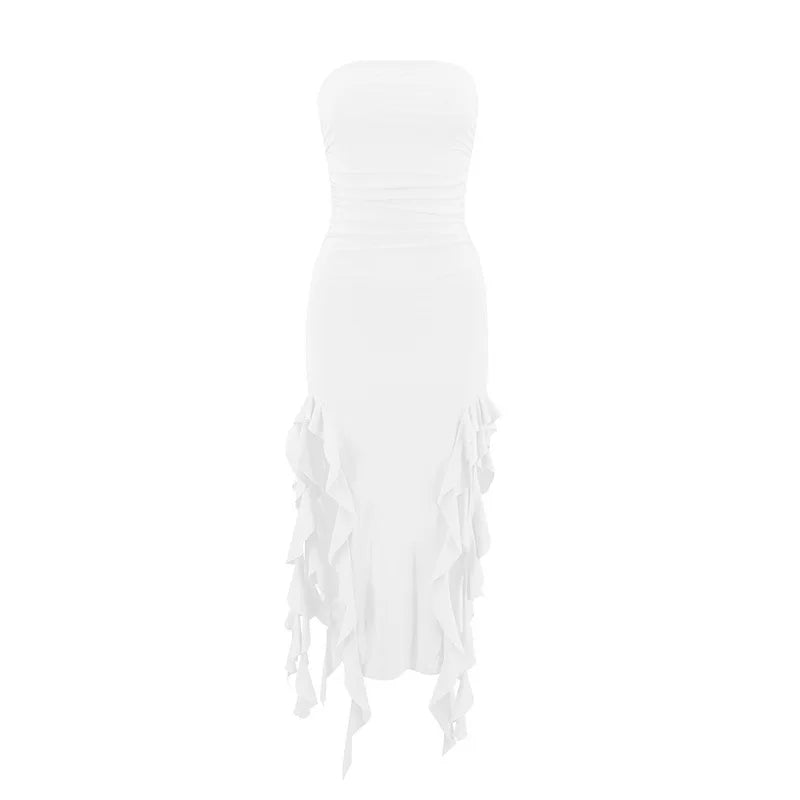 Elegant Strapless Dress For Women Summer Trend Irregular Tassel Skinny Split Long Dress Party Clubwear 2024 Women Outfit - Clothing in ##color## by Style Heaven | High-Quality & Trendy Fashion