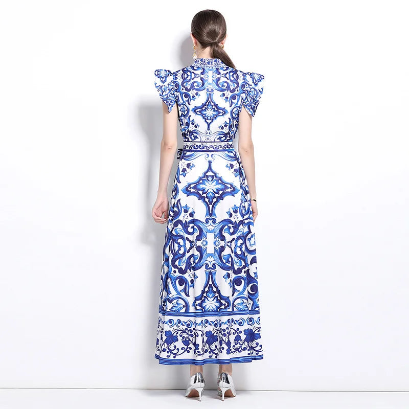 2025 Summer Blue White Porcelain Print Long Dress Shirt Women Single Breasted Flying Sleeve Elegant Floral Party Maxi Vestidos-Style Heaven