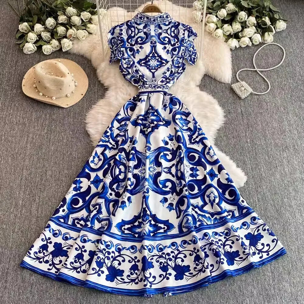 2025 Summer Blue White Porcelain Print Long Dress Shirt Women Single Breasted Flying Sleeve Elegant Floral Party Maxi Vestidos-Style Heaven