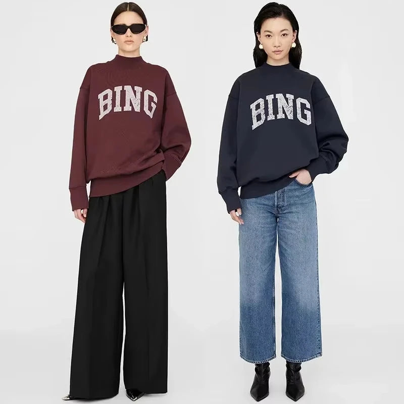 New Arrival Women's Loose Hoodie with Classic BING Printed Letters, Warm Fleece Lining and High Neck for Winter-Style Heaven